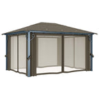 Pavillon mit Vorhängen & LED-Lichterkette 400x300 cm Taupe Alu