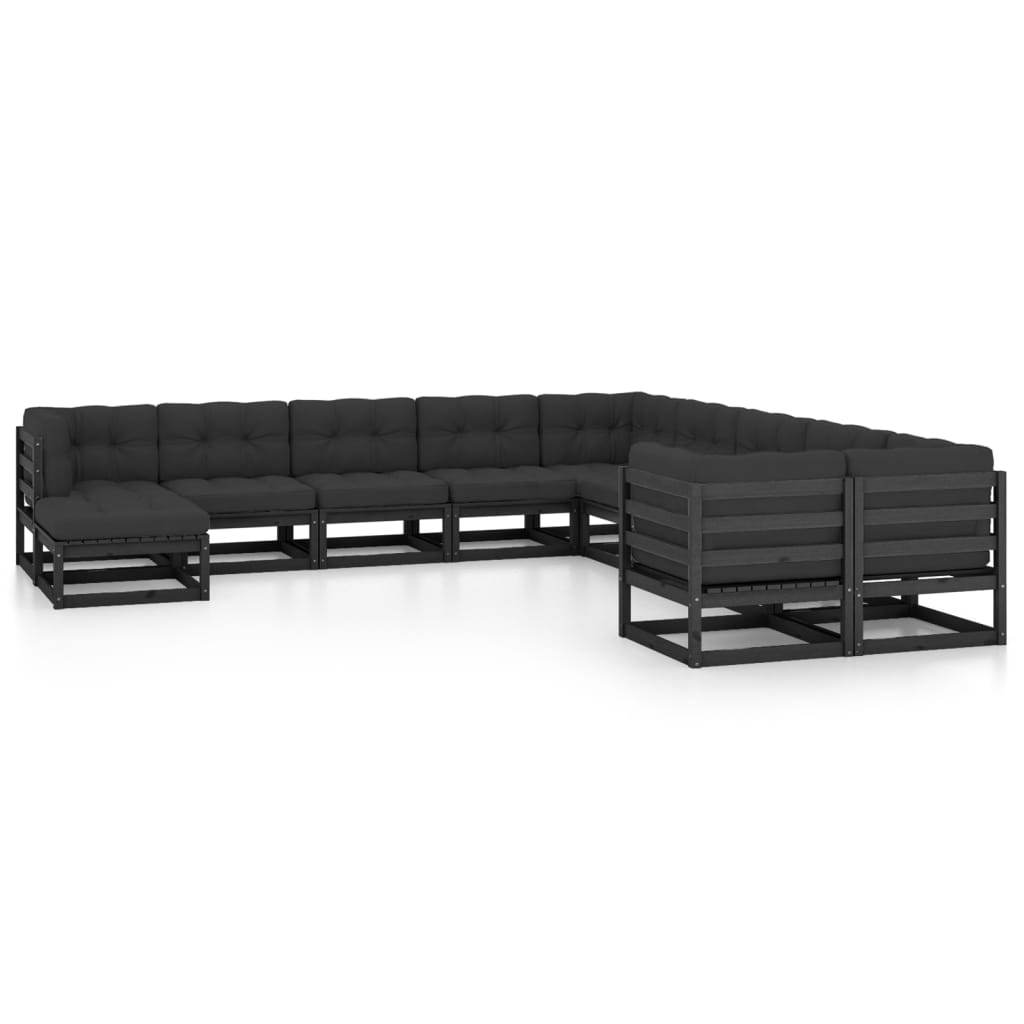 11-tlg. Garten-Lounge-Set mit Kissen Schwarz Kiefer Massivholz