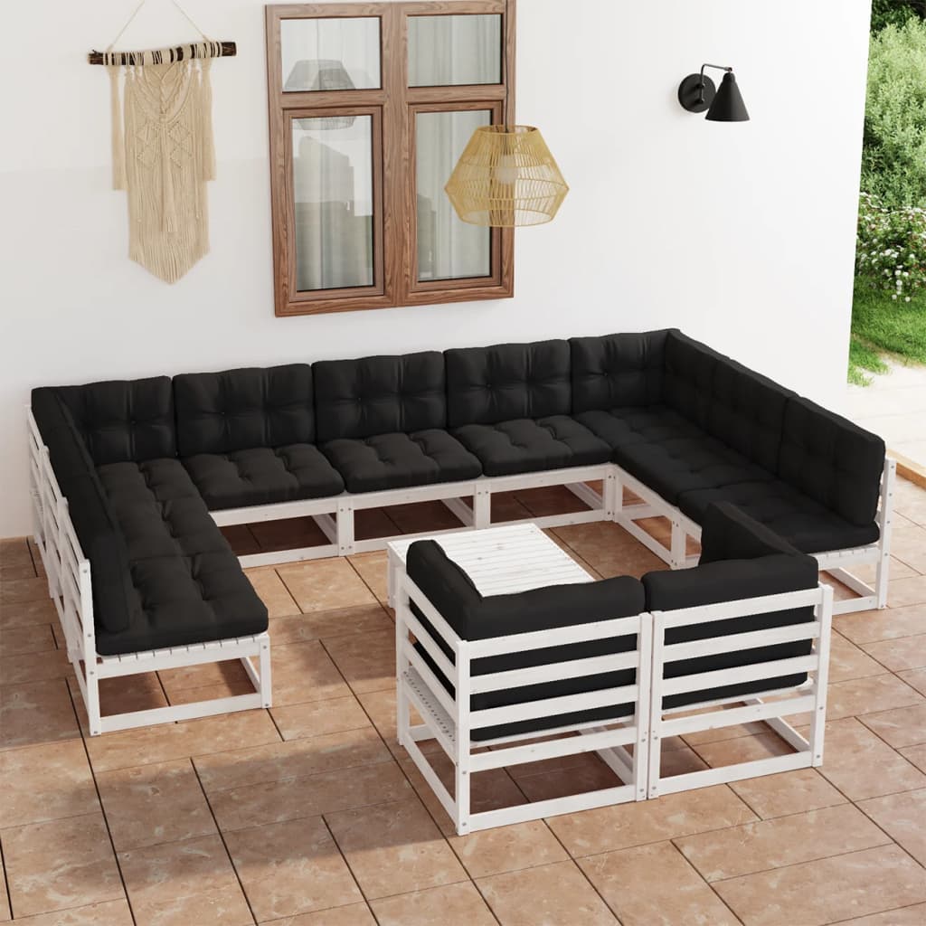 12-tlg. Garten-Lounge-Set mit Kissen Weiß Massivholz Kiefer