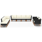 10-tlg. Garten-Lounge-Set Poly Rattan Eukalyptusholz Schwarz