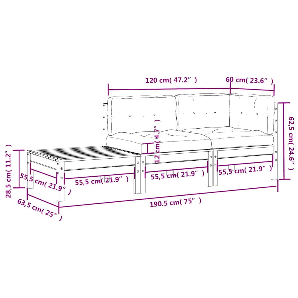 3-tlg. Garten-Lounge-Set mit Kissen Weiß Kiefer Massivholz
