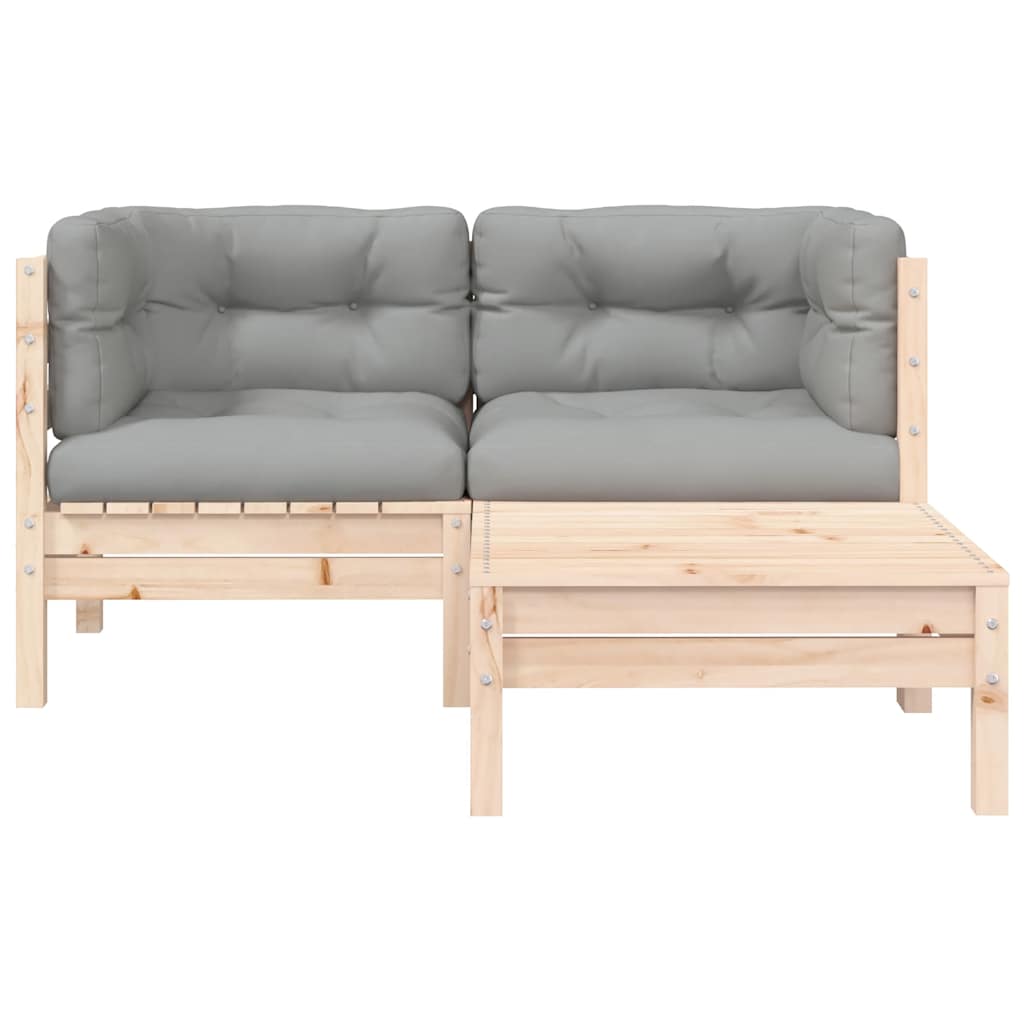 3-tlg. Garten-Lounge-Set mit Grauen Kissen Kiefer Massivholz