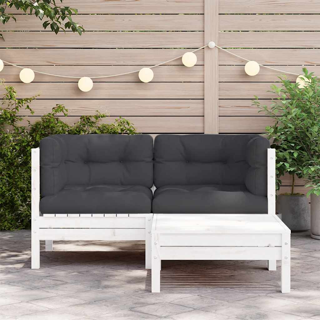 3-tlg. Garten-Lounge-Set mit Kissen in Weiß Kiefer Massivholz