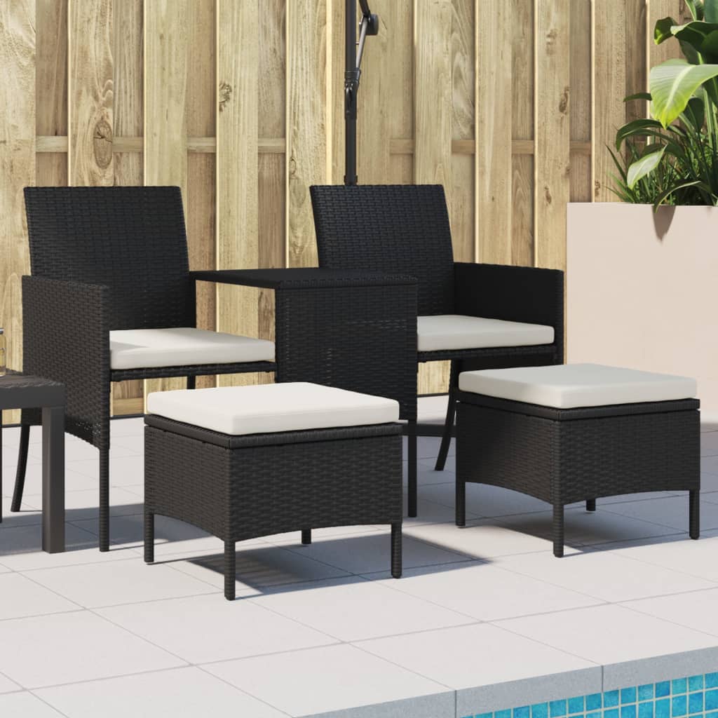 Gartensofa 2-Sitzer mit Tisch und Hockern Schwarz Poly Rattan