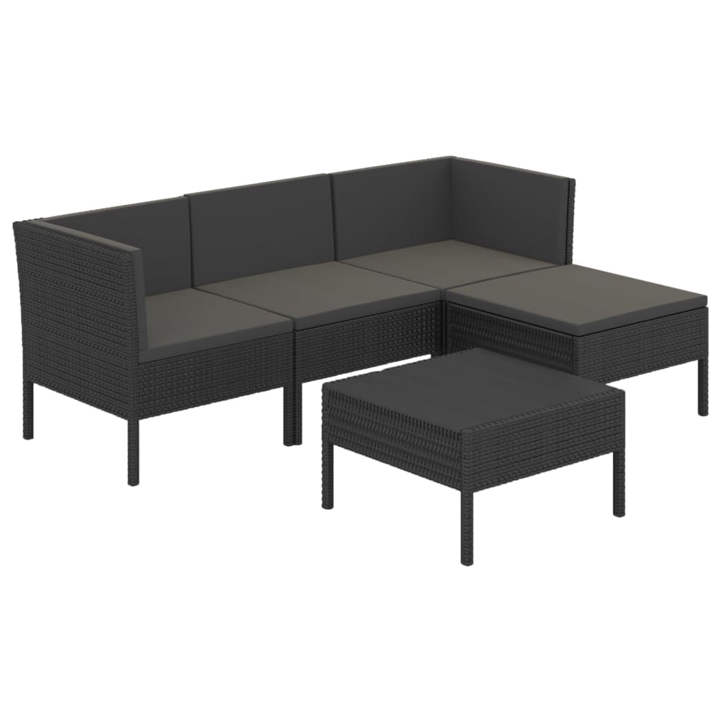5-tlg. Garten-Lounge-Set mit Auflagen Poly Rattan Schwarz