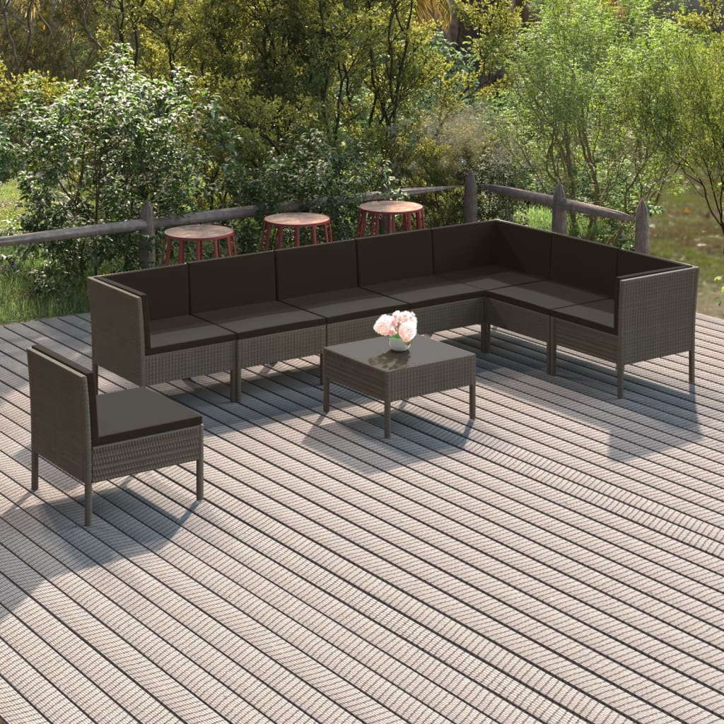 9-tlg. Garten-Lounge-Set mit Auflagen Poly Rattan Grau