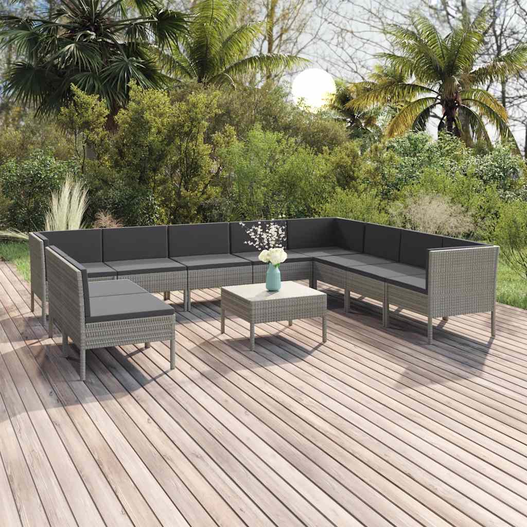11-tlg. Garten-Lounge-Set mit Auflagen Poly Rattan Grau