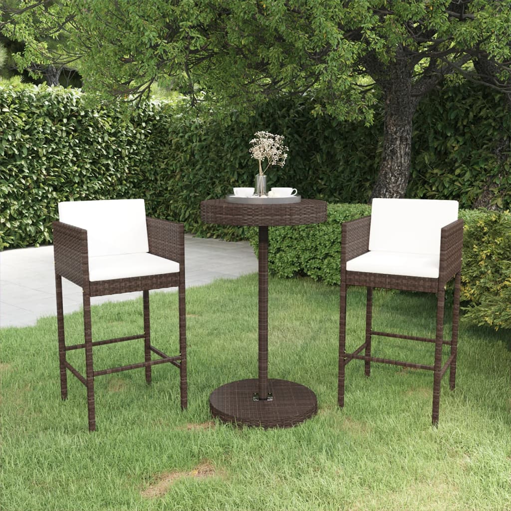 3-tlg. Gartenbar-Set mit Kissen Poly Rattan Braun