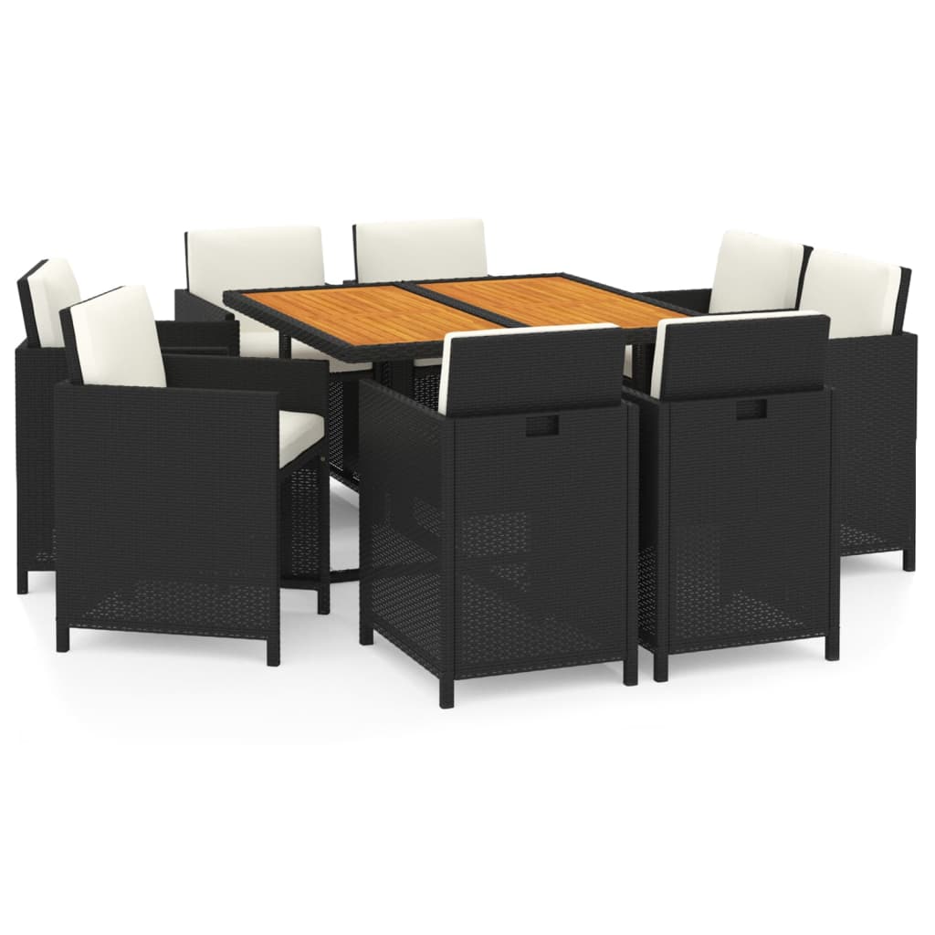 9-tlg. Garten-Essgruppe mit Kissen Poly Rattan Schwarz