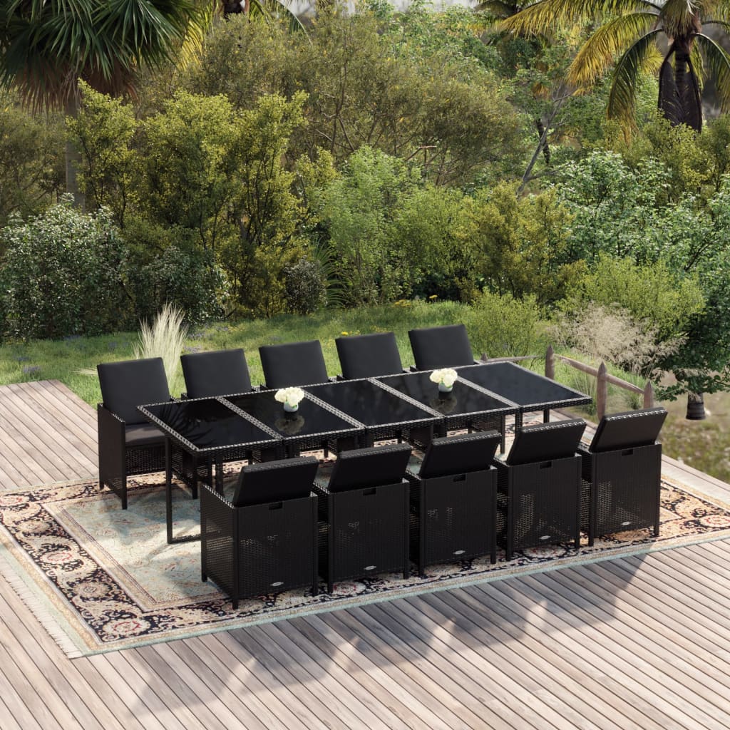 11-tlg. Garten-Essgruppe mit Kissen Poly Rattan Schwarz