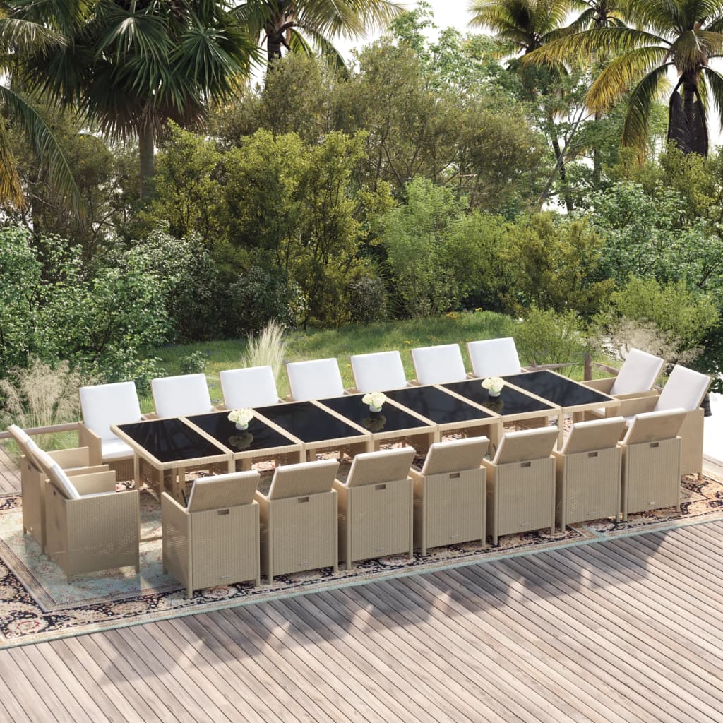 19-tlg. Garten-Essgruppe mit Kissen Poly Rattan Beige