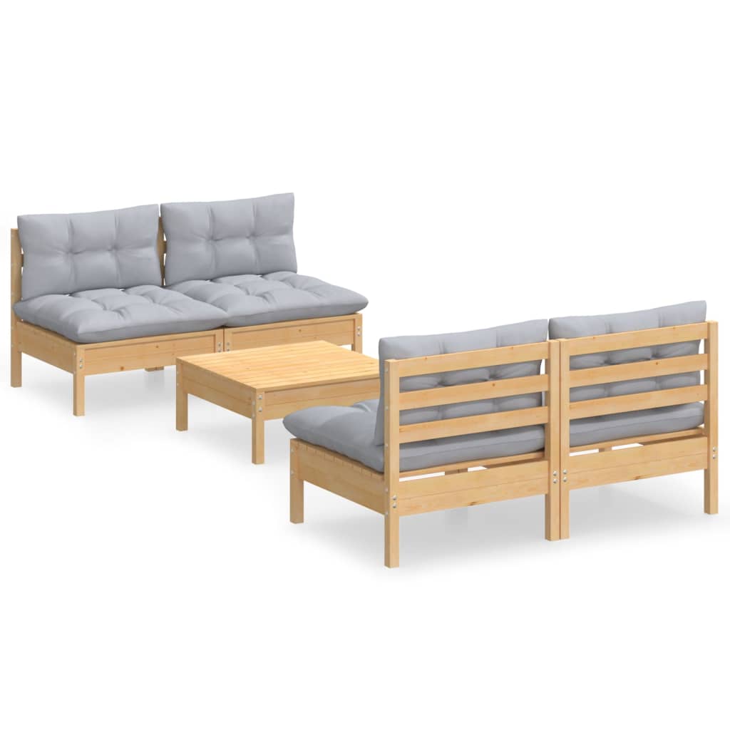 5-tlg. Garten-Lounge-Set mit Grauen Kissen Kiefernholz
