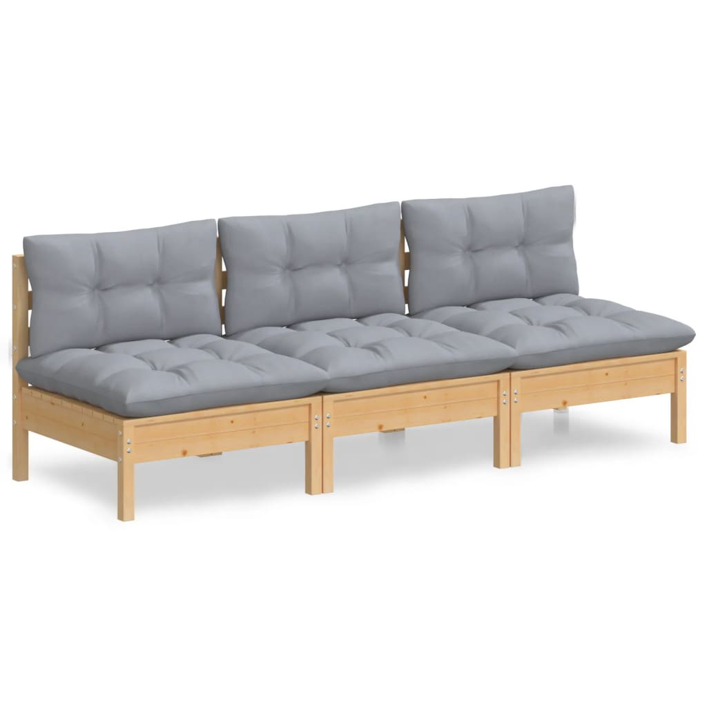 3-Sitzer-Gartensofa mit Grauen Kissen Massivholz Kiefer