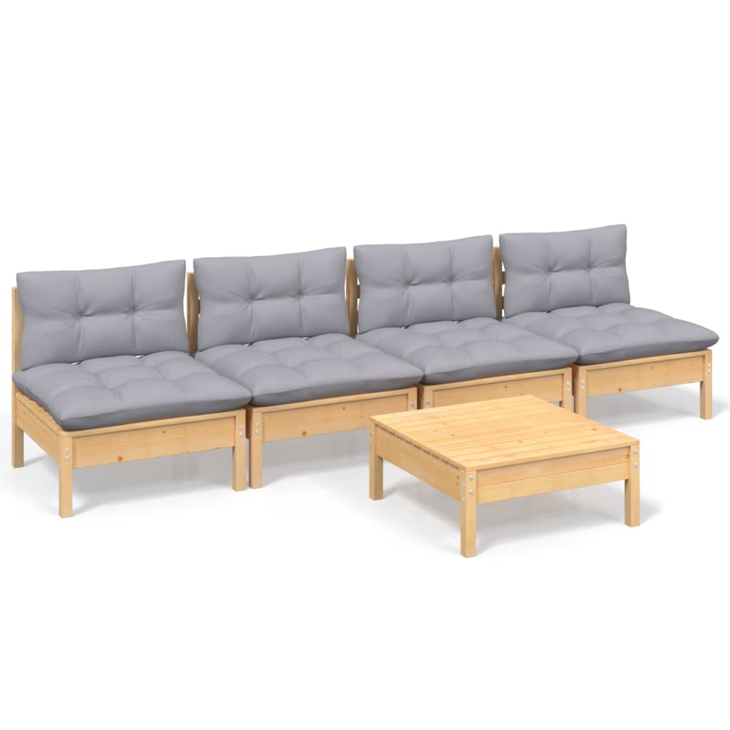 5-tlg. Garten-Lounge-Set mit Grauen Kissen Kiefernholz