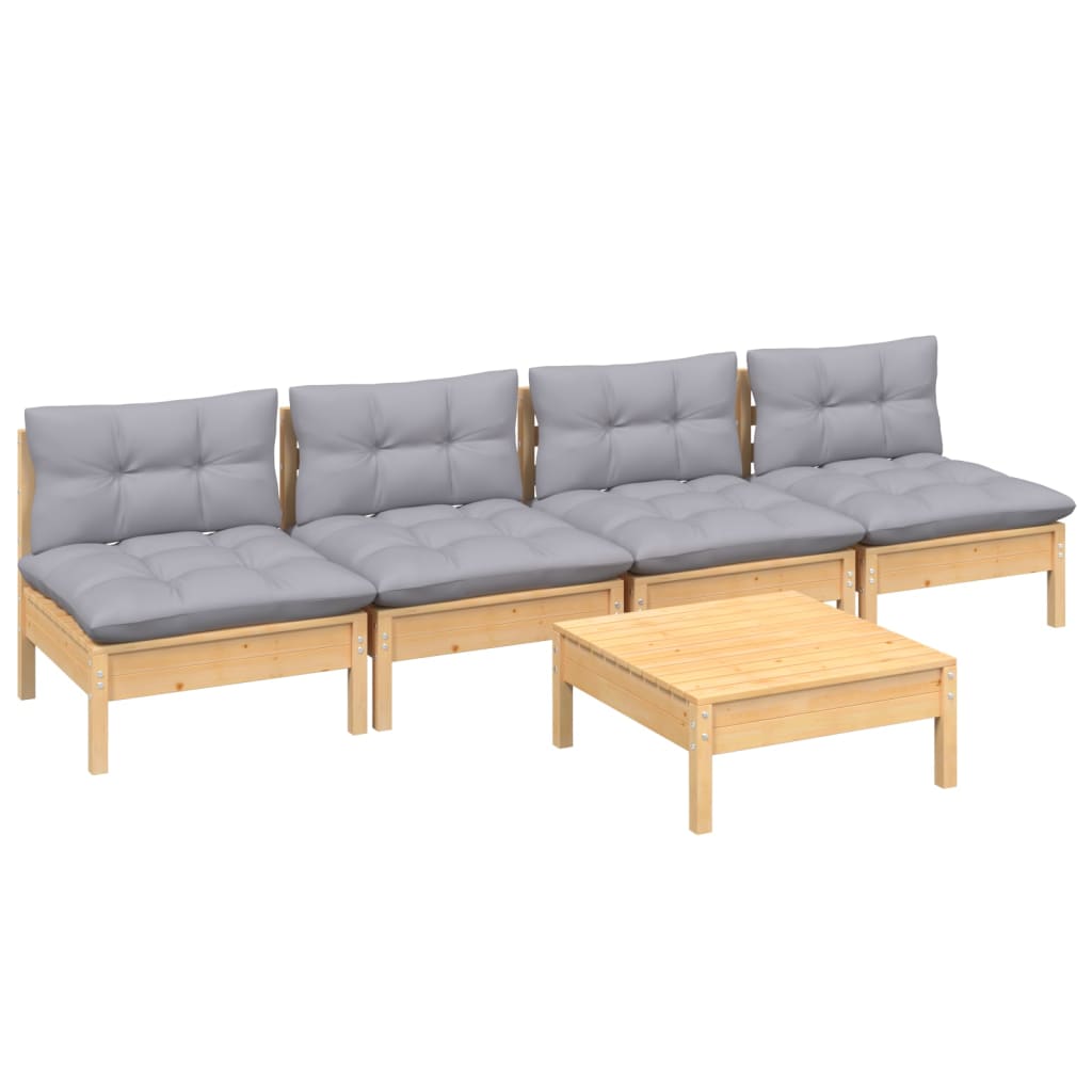 5-tlg. Garten-Lounge-Set mit Grauen Kissen Kiefernholz