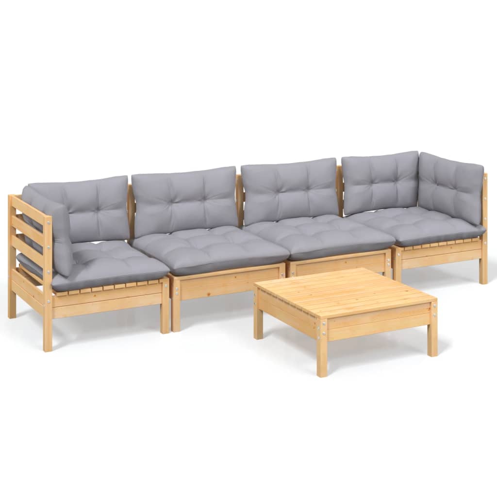 5-tlg. Garten-Lounge-Set mit Grauen Kissen Kiefer Massivholz