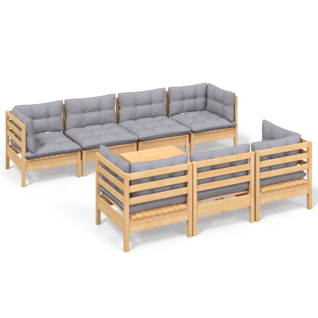 8-tlg. Garten-Lounge-Set mit Grauen Kissen Kiefer Massivholz