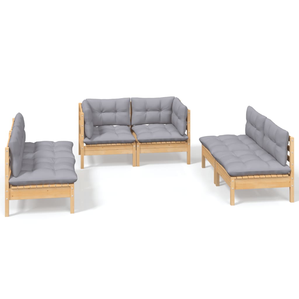6-tlg. Garten-Lounge-Set mit Grauen Kissen Kiefer Massivholz