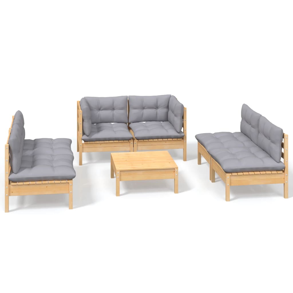 7-tlg. Garten-Lounge-Set mit Grauen Kissen Kiefer Massivholz