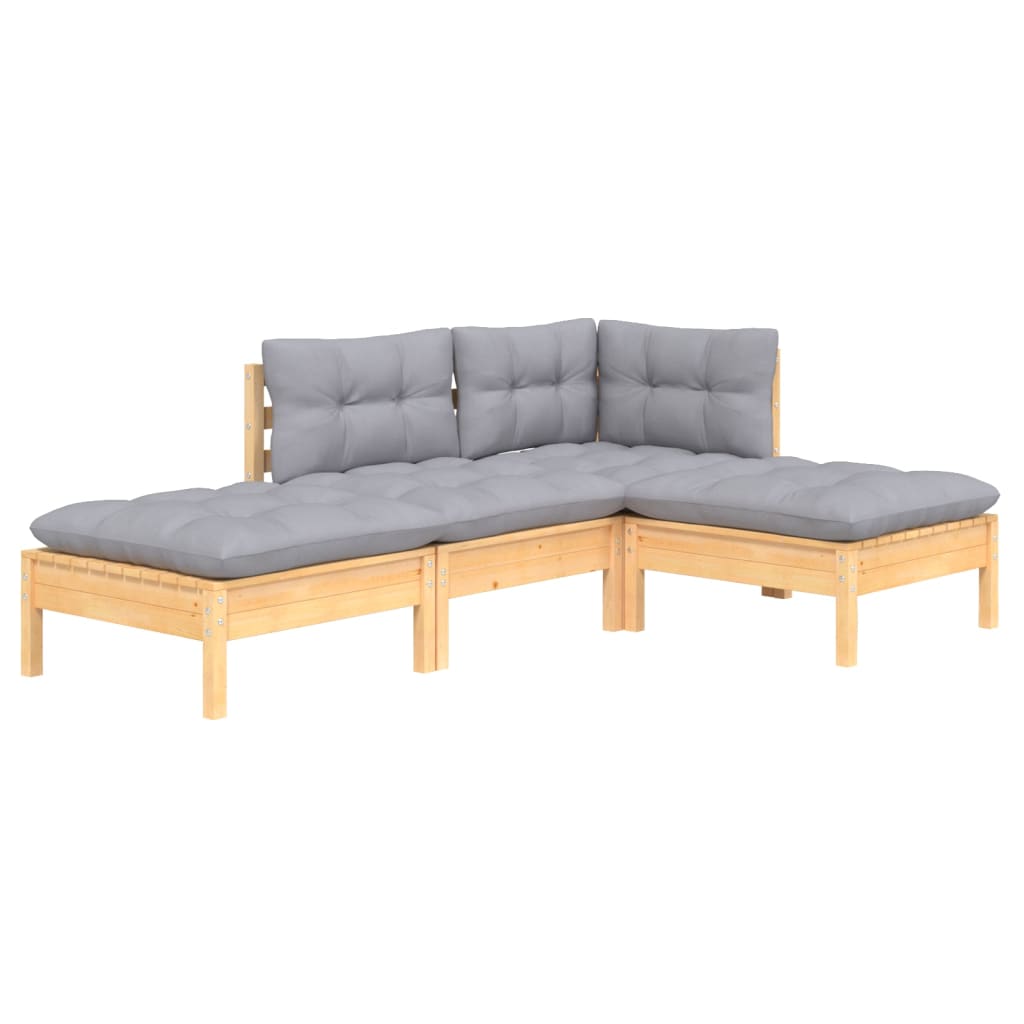 4-tlg. Garten-Lounge-Set mit Grauen Kissen Kiefer Massivholz
