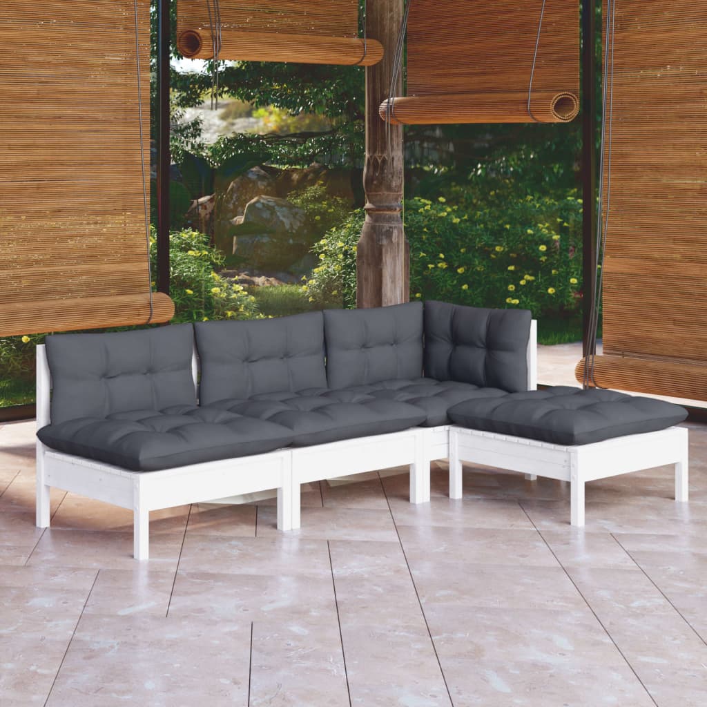 4-tlg. Garten-Lounge-Set mit Kissen Weiß Kiefernholz