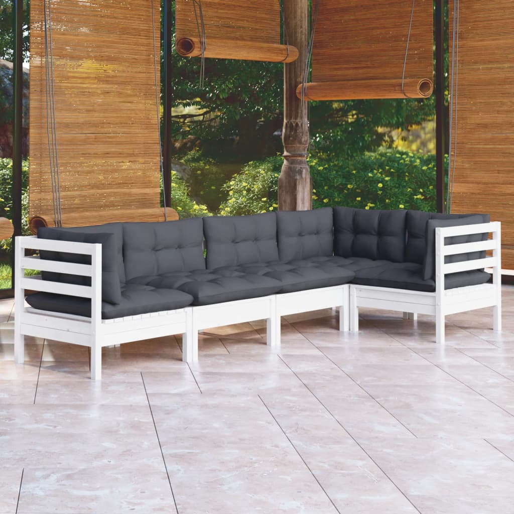 5-tlg. Garten-Lounge-Set mit Kissen Weiß Kiefernholz
