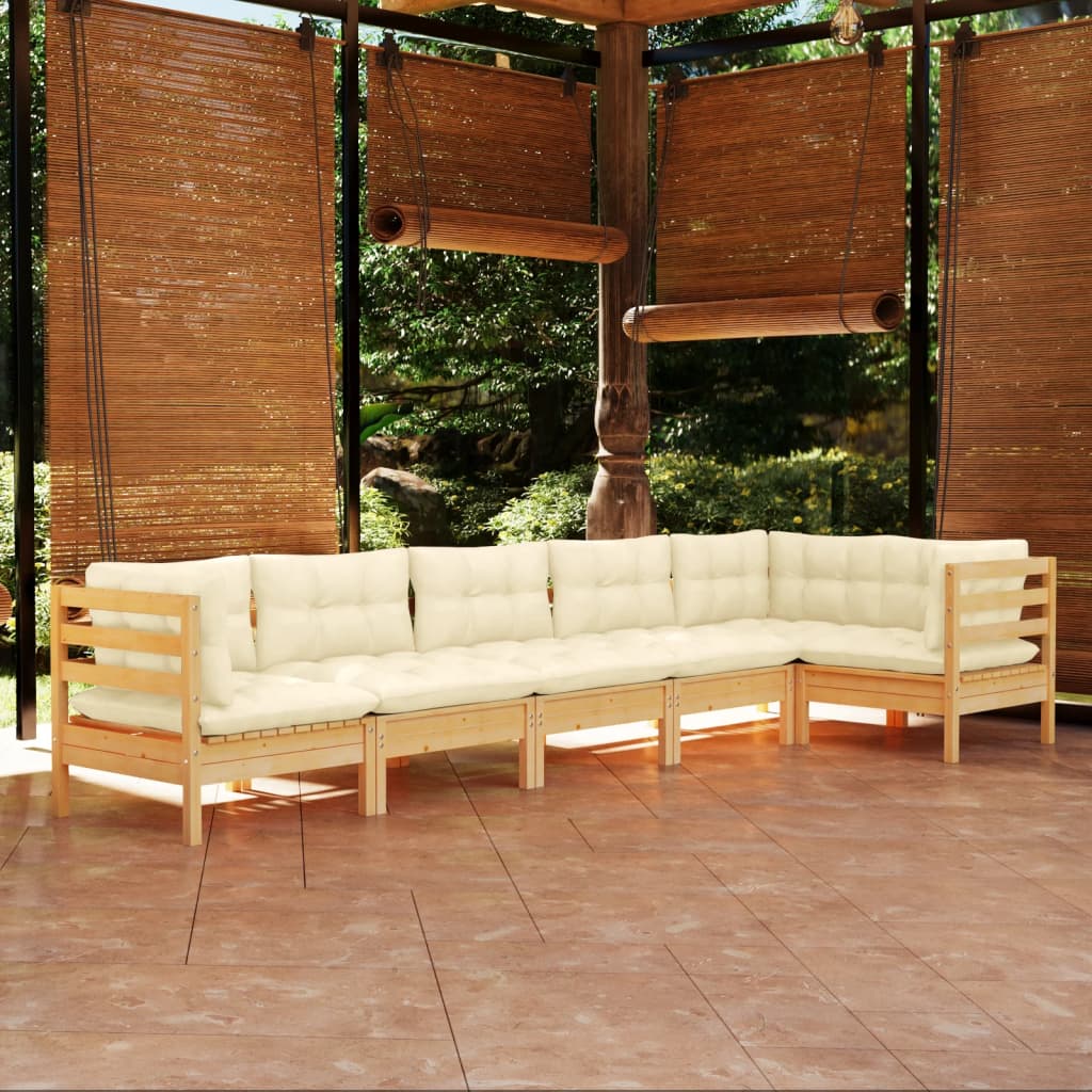 6-tlg. Garten-Lounge-Set mit Creme Kissen Kiefernholz