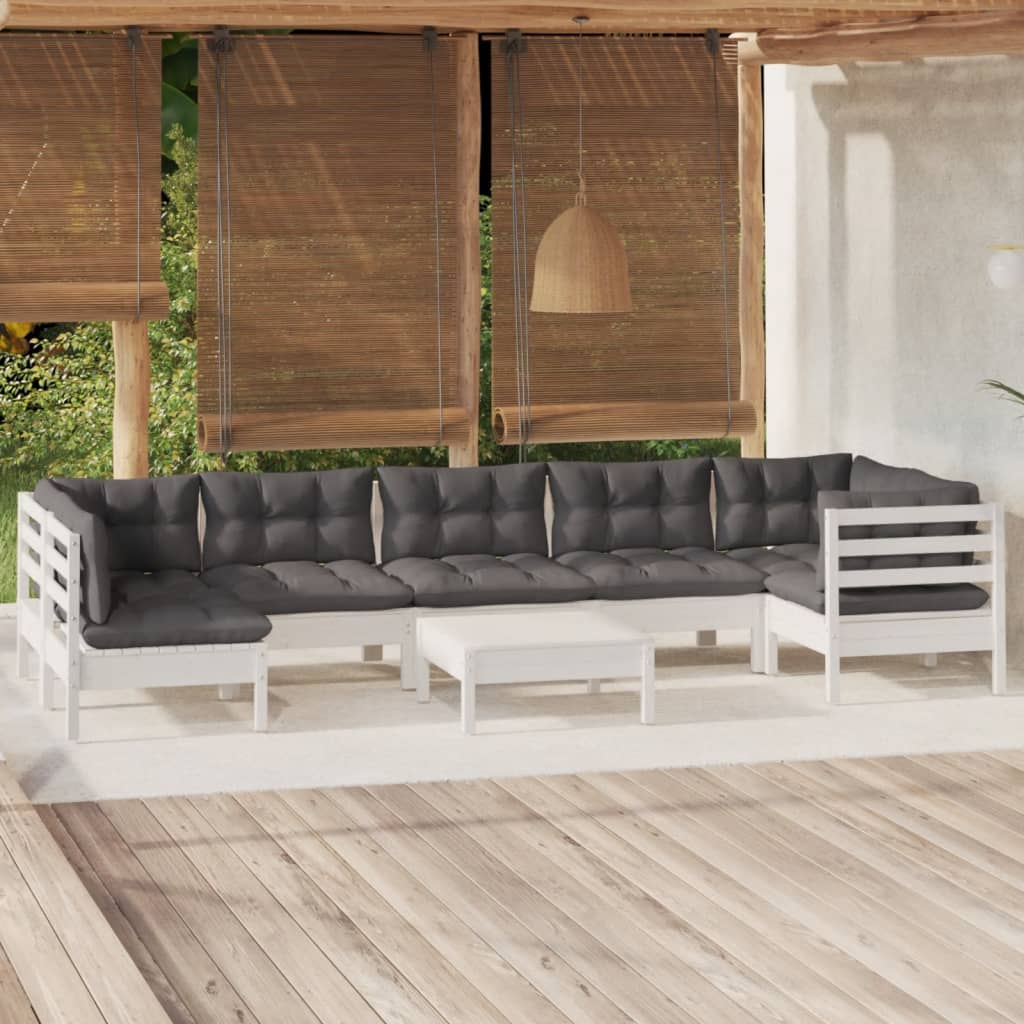 8-tlg. Garten-Lounge-Set mit Kissen Weiß Kiefernholz
