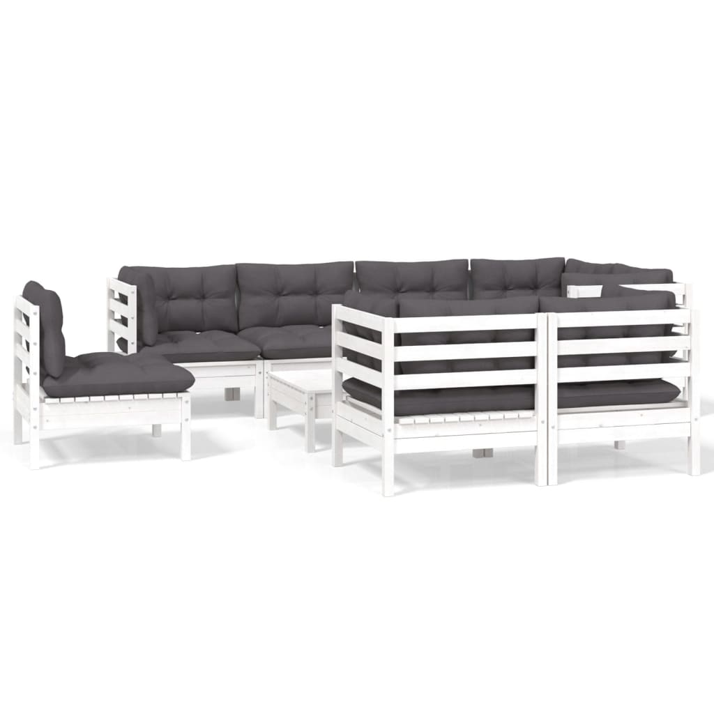 9-tlg. Garten-Lounge-Set mit Kissen Weiß Kiefer Massivholz