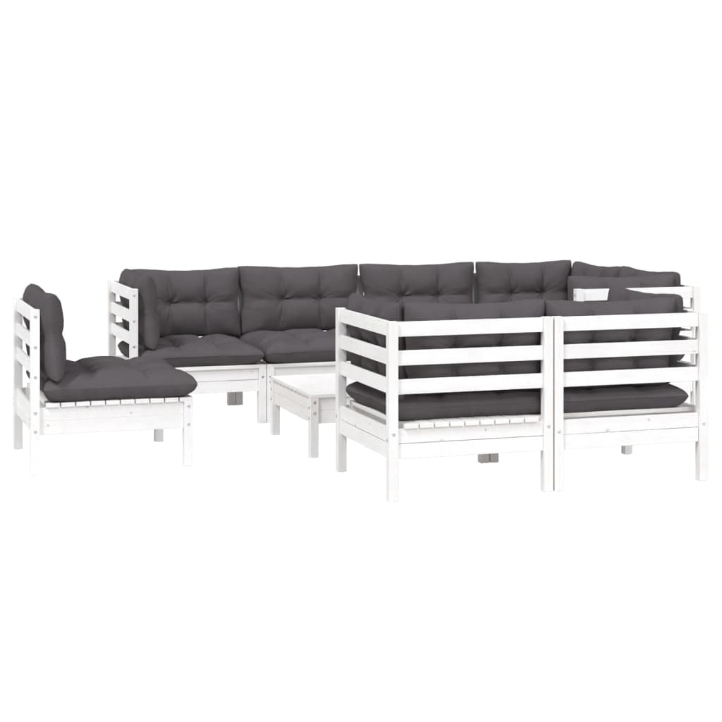 9-tlg. Garten-Lounge-Set mit Kissen Weiß Kiefer Massivholz