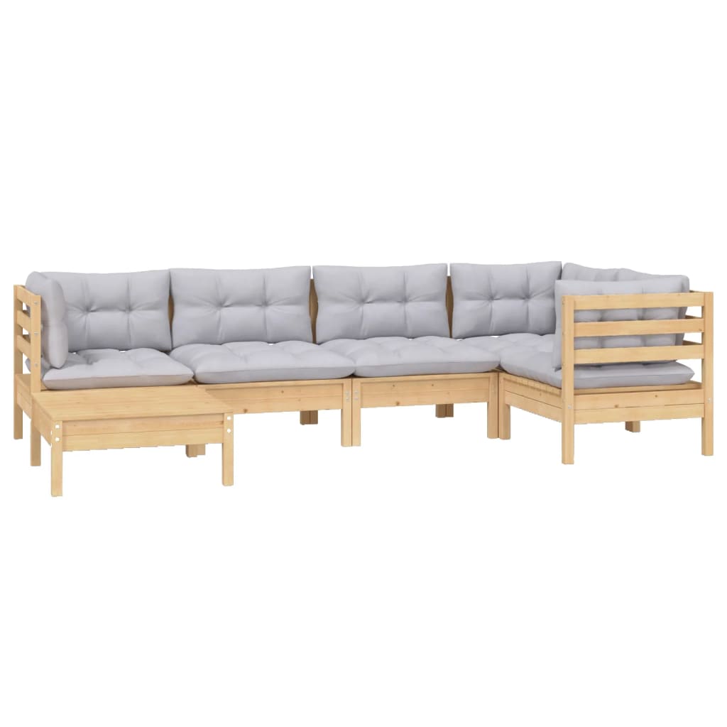 6-tlg. Garten-Lounge-Set mit Grauen Kissen Kiefer Massivholz