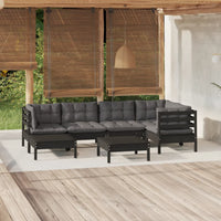 7-tlg. Garten-Lounge-Set mit Kissen Schwarz Kiefer Massivholz