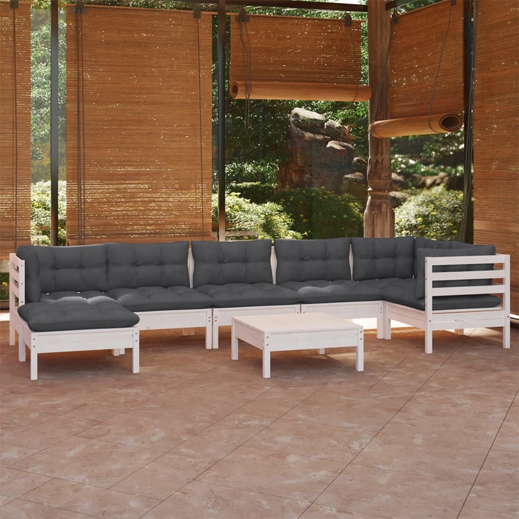 8-tlg. Garten-Lounge-Set mit Kissen Weiß Kiefer Massivholz