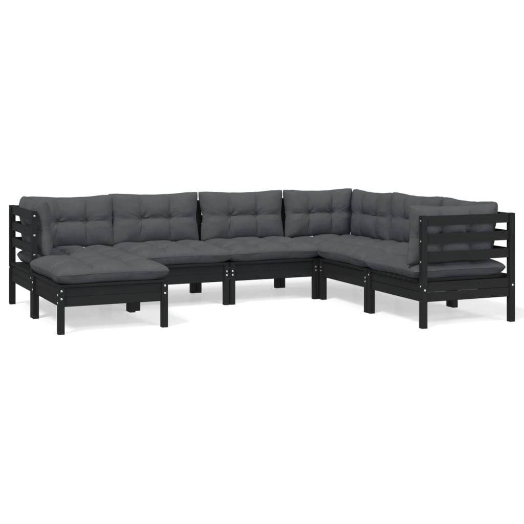 7-tlg. Garten-Lounge-Set mit Kissen Schwarz Massivholz Kiefer