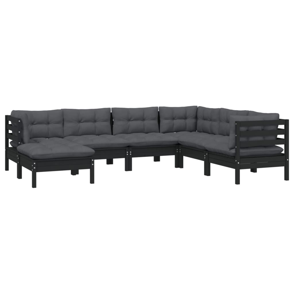 7-tlg. Garten-Lounge-Set mit Kissen Schwarz Massivholz Kiefer