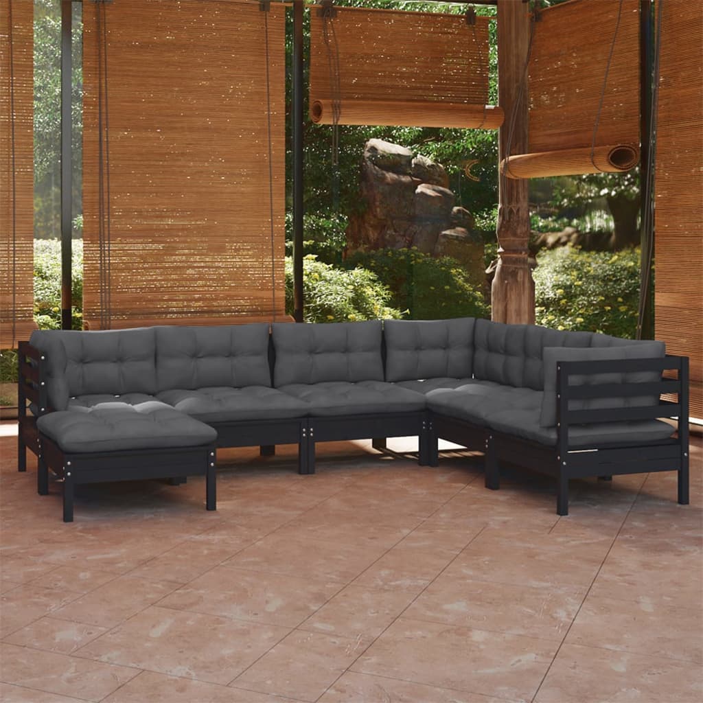 7-tlg. Garten-Lounge-Set mit Kissen Schwarz Massivholz Kiefer