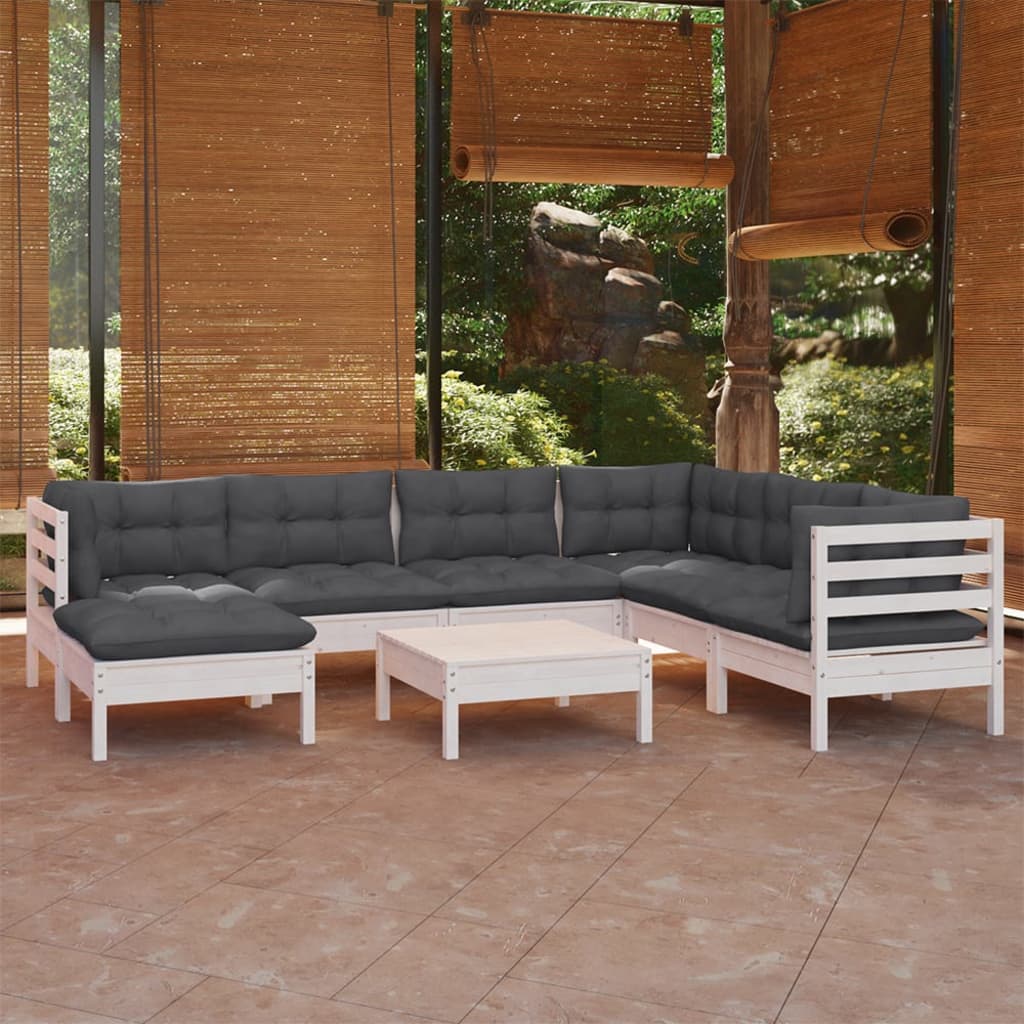 8-tlg. Garten-Lounge-Set mit Kissen Weiß Kiefer Massivholz