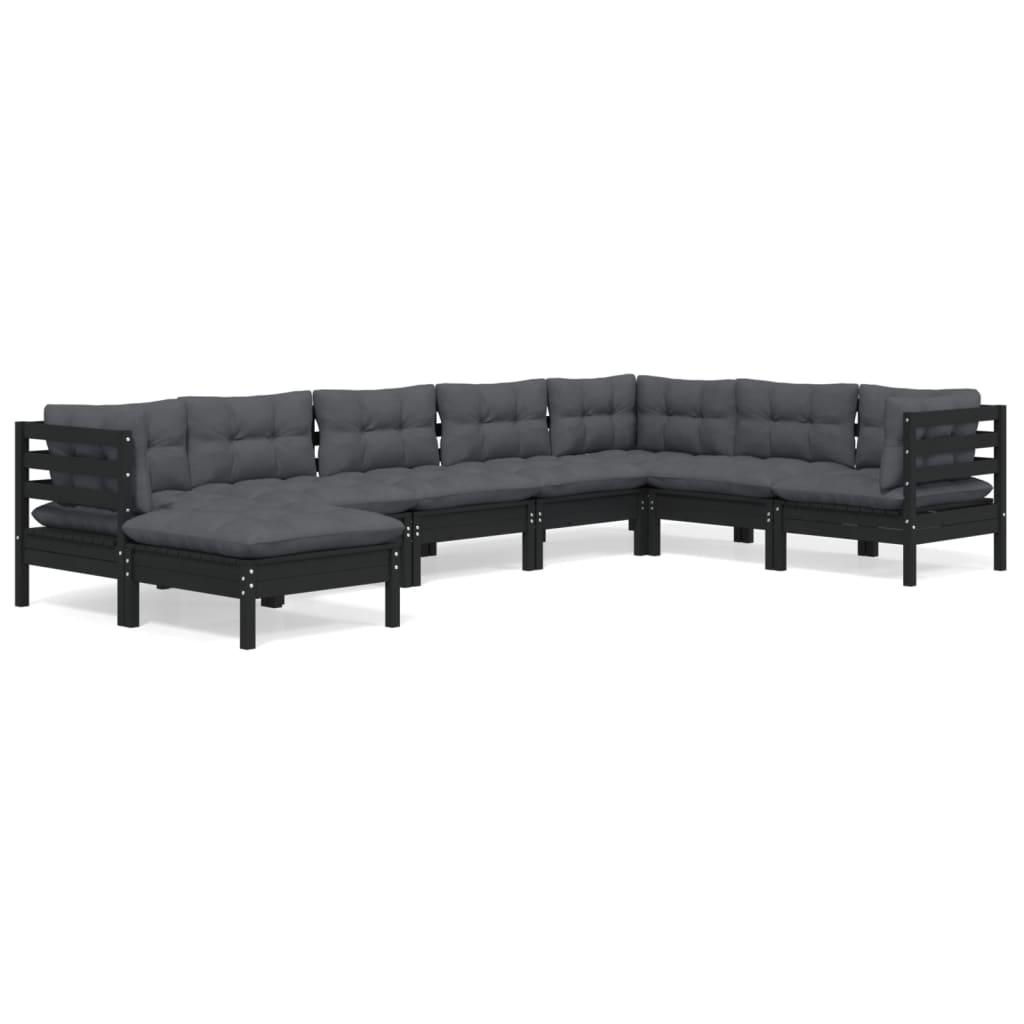 8-tlg. Garten-Lounge-Set mit Kissen Schwarz Massivholz Kiefer