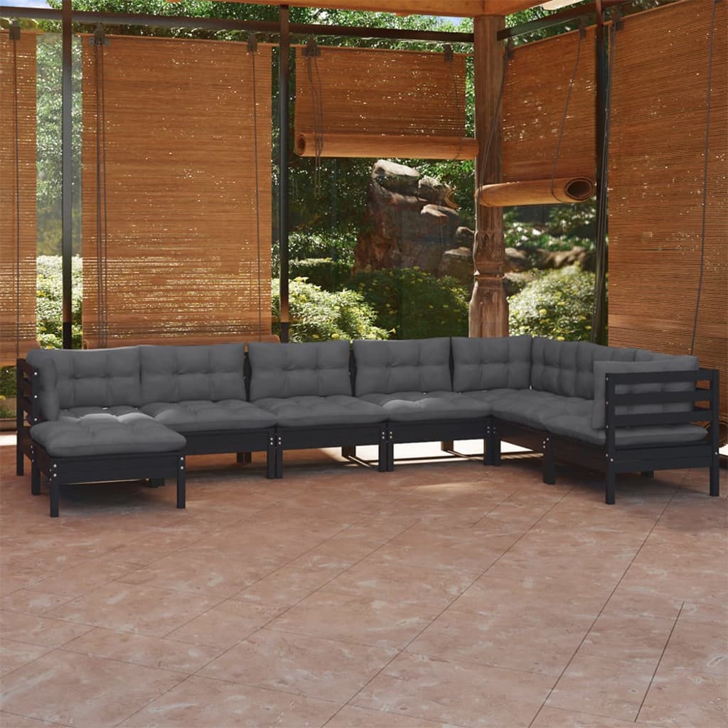 8-tlg. Garten-Lounge-Set mit Kissen Schwarz Massivholz Kiefer