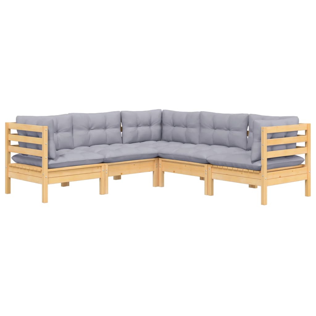 5-tlg. Garten-Lounge-Set mit Grauen Kissen Kiefer Massivholz