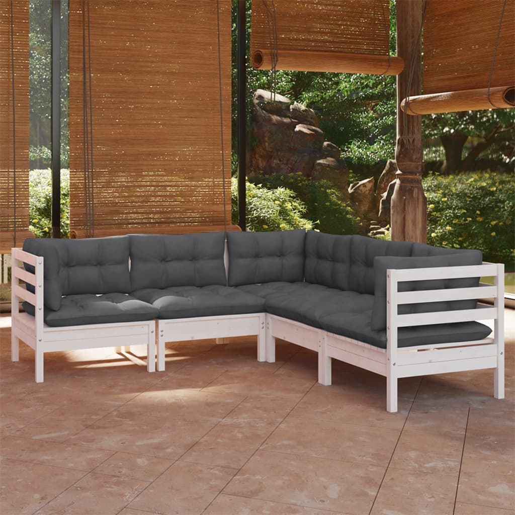 5-tlg. Garten-Lounge-Set mit Kissen Weiß Kiefer Massivholz