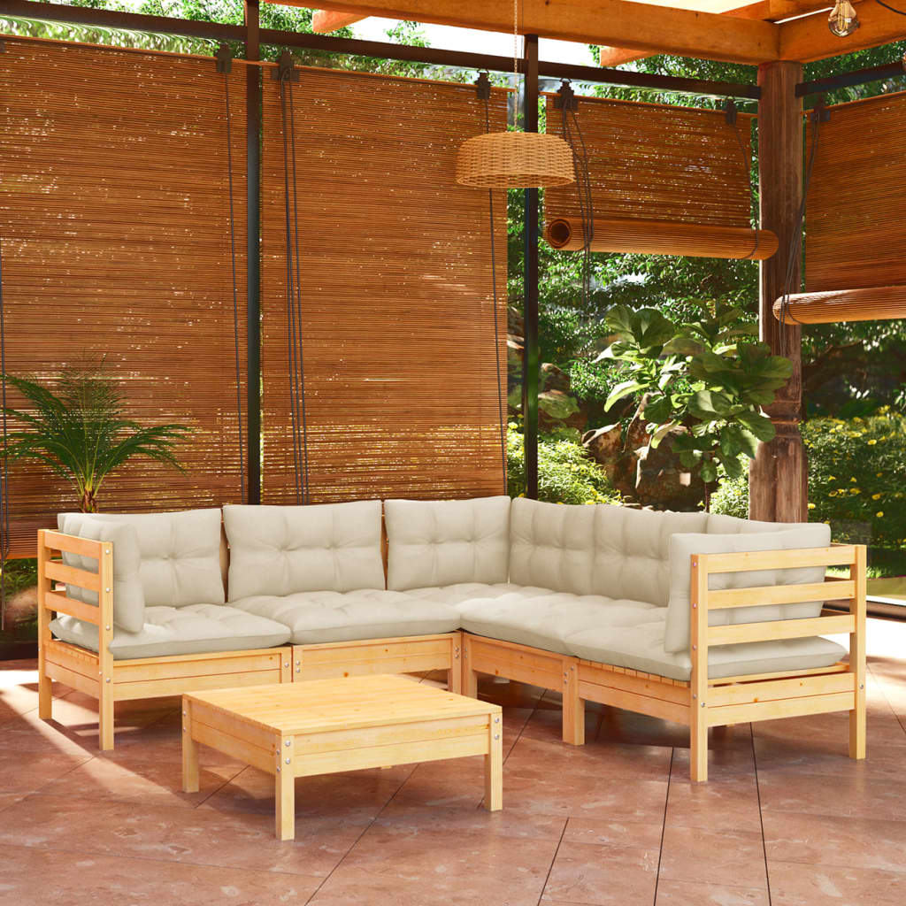 6-tlg. Garten-Lounge-Set mit Creme Kissen Massivholz Kiefer