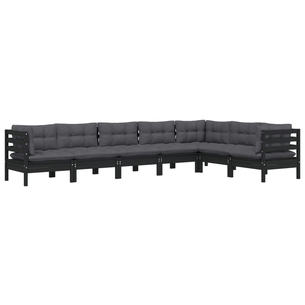 7-tlg. Garten-Lounge-Set mit Kissen Schwarz Kiefer Massivholz