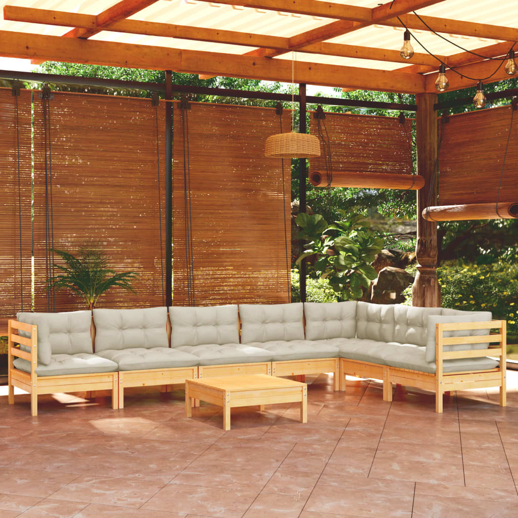 8-tlg. Garten-Lounge-Set mit Creme Kissen Massivholz Kiefer