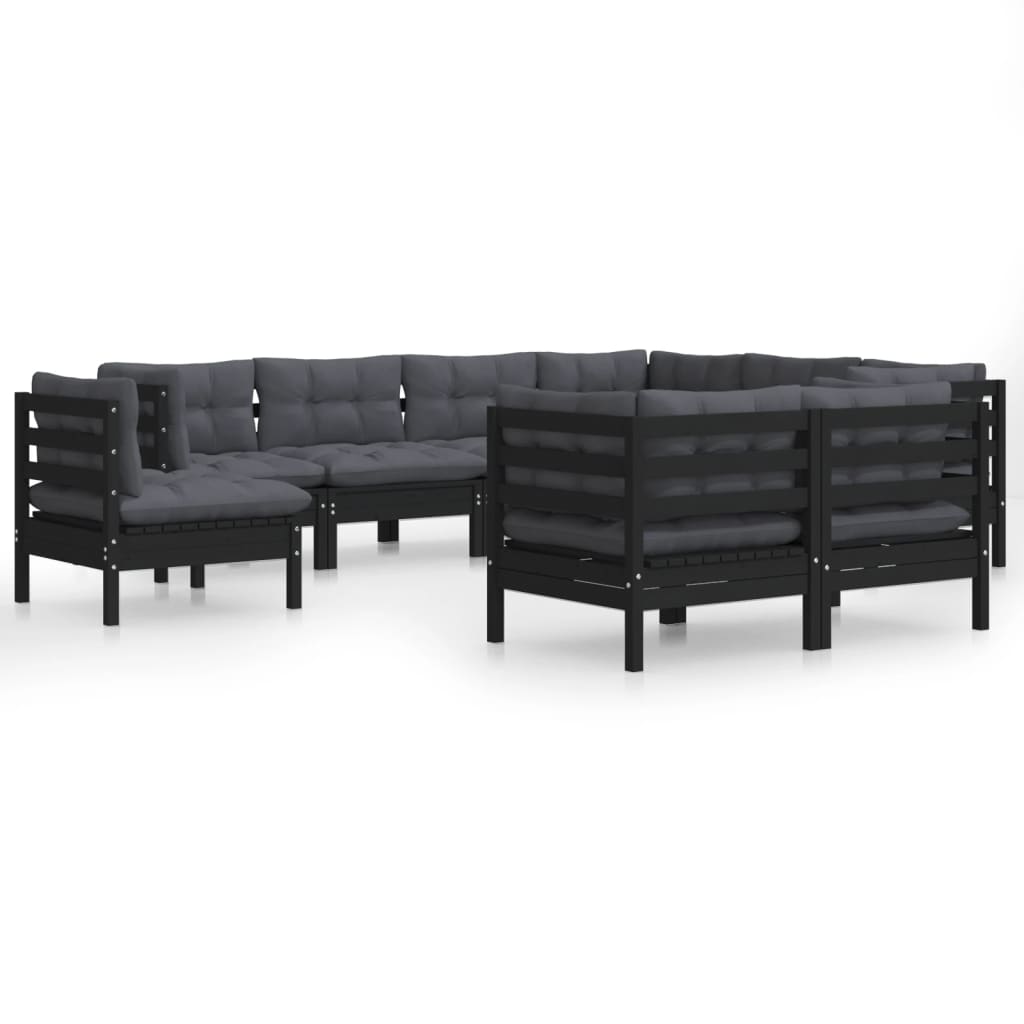 9-tlg. Garten-Lounge-Set mit Kissen Schwarz Kiefer Massivholz