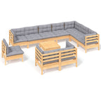 11-tlg. Garten-Lounge-Set mit Grauen Kissen Kiefer Massivholz