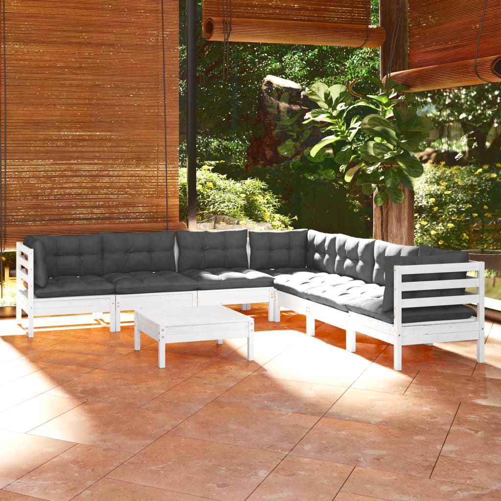 8-tlg. Garten-Lounge-Set mit Kissen Weiß Kiefer Massivholz