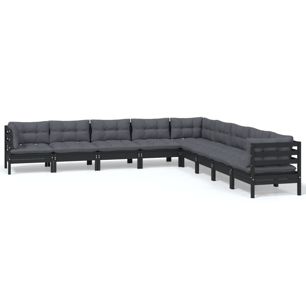 9-tlg. Garten-Lounge-Set mit Kissen Schwarz Massivholz Kiefer