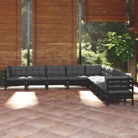 9-tlg. Garten-Lounge-Set mit Kissen Schwarz Massivholz Kiefer