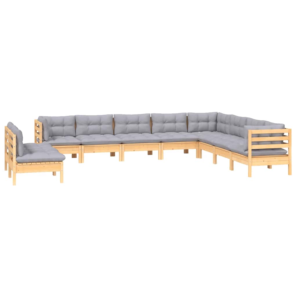 10-tlg. Garten-Lounge-Set mit Grauen Kissen Massivholz Kiefer